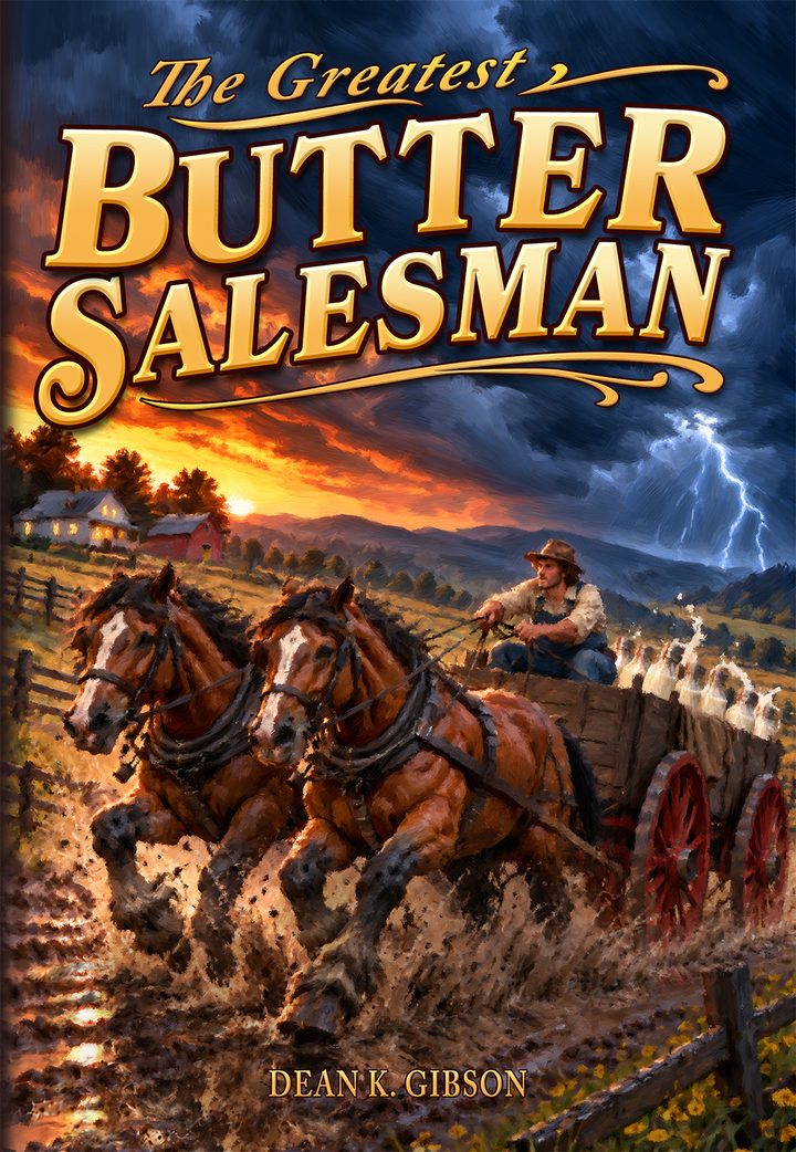 Cover of The Greatest Butter Salesman by Dean K. Gibson: a farmer drives two draft horses and a wagon of butter churns through the mud as a storm rolls in at sunset.