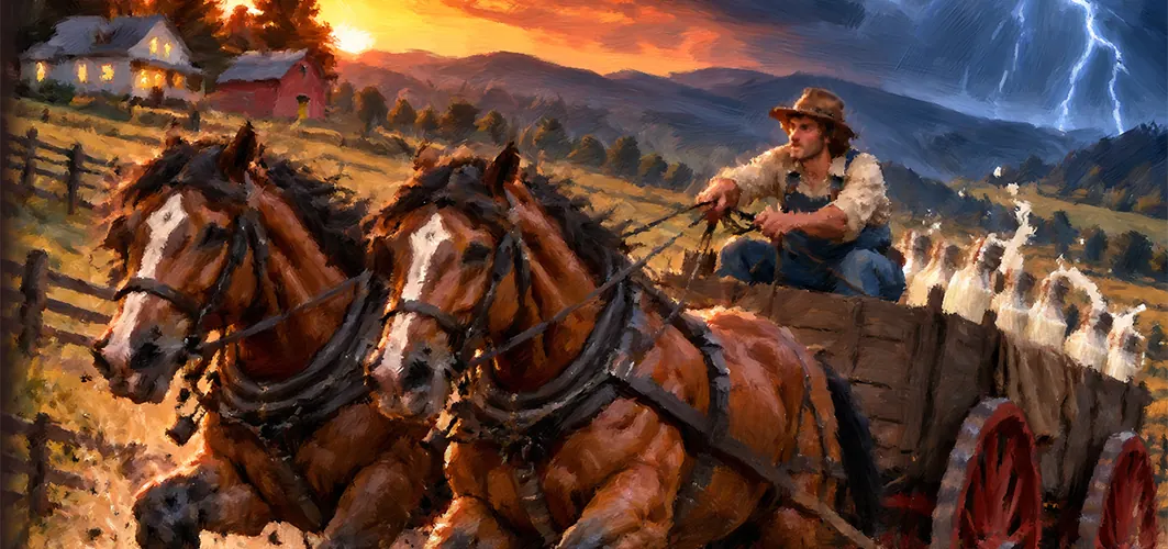 Illustration from the book: two chestnut draft horses pull the farmer's wagon past a red barn while lightning splits the sky.